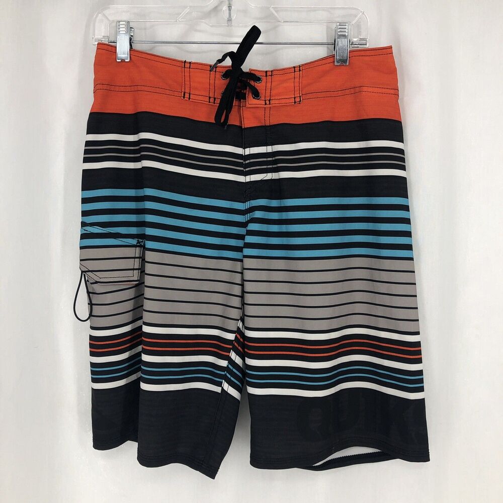 Quicksilver Swim Trunks Blue Orange Black Gray Striped Board Shorts sz 29